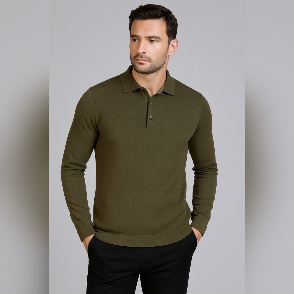 Guide London Premium Range Men's S Olive Green Textured Long Sleeve Polo Sweater